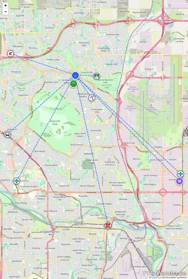 Daily accessibility map for 204 SANDERLING RI NW, Calgary showing nearby schools, grocery stores, parks, LRT stations and nearby amenities