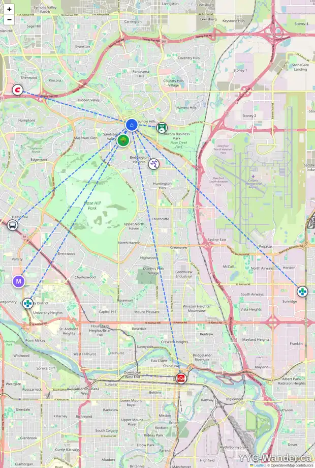 Daily accessibility map for 144 COUNTRY HILLS CL NW, Calgary showing nearby schools, grocery stores, parks, LRT stations and nearby amenities