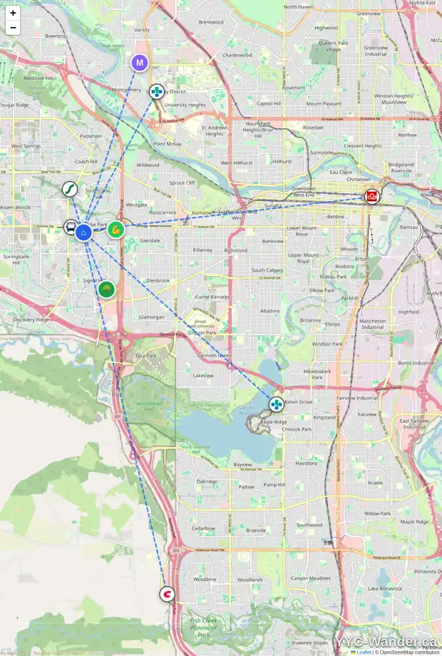 Daily accessibility map for 98 SIMCOE CI SW, Calgary showing nearby schools, grocery stores, parks, LRT stations and nearby amenities