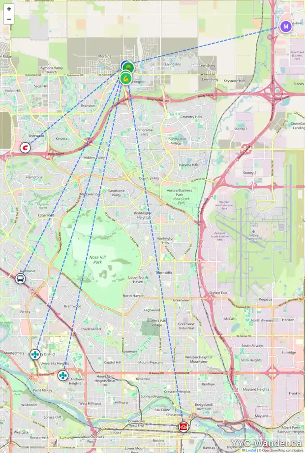 Daily accessibility map for 1449 148 AV NW, Calgary showing nearby schools, grocery stores, parks, LRT stations and nearby amenities