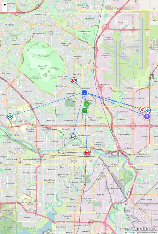 Daily accessibility map for 130 44 AV NE, Calgary showing nearby schools, grocery stores, parks, LRT stations and nearby amenities