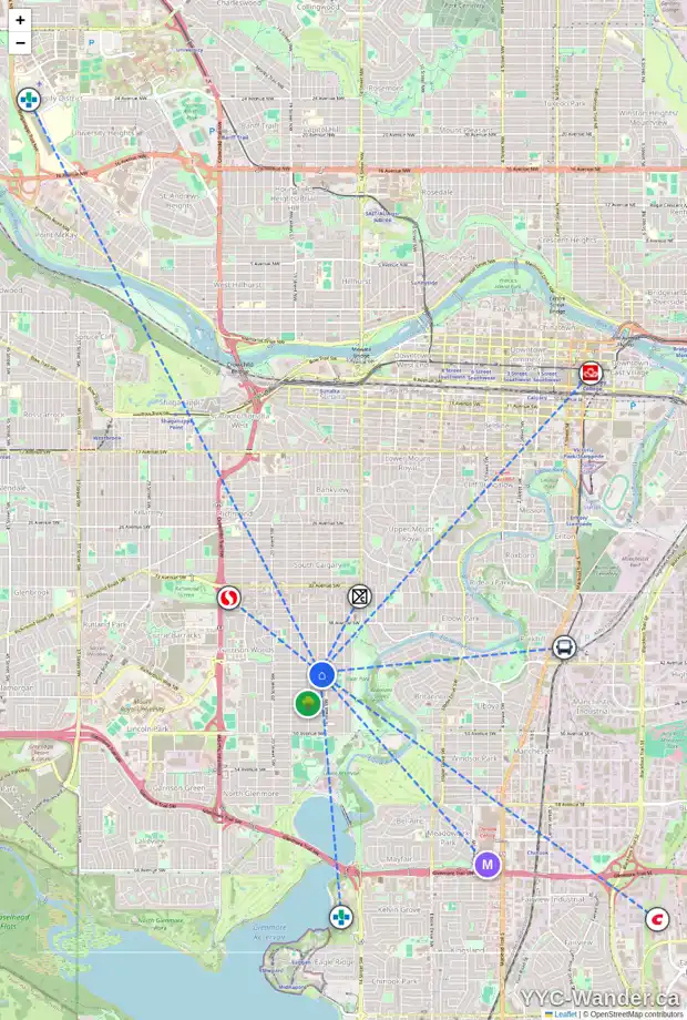 Daily accessibility map for 4408 16A ST SW, Calgary showing nearby schools, grocery stores, parks, LRT stations and nearby amenities
