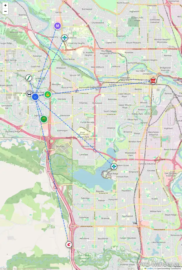 Daily accessibility map for 35 SIMCOE TC SW, Calgary showing nearby schools, grocery stores, parks, LRT stations and nearby amenities