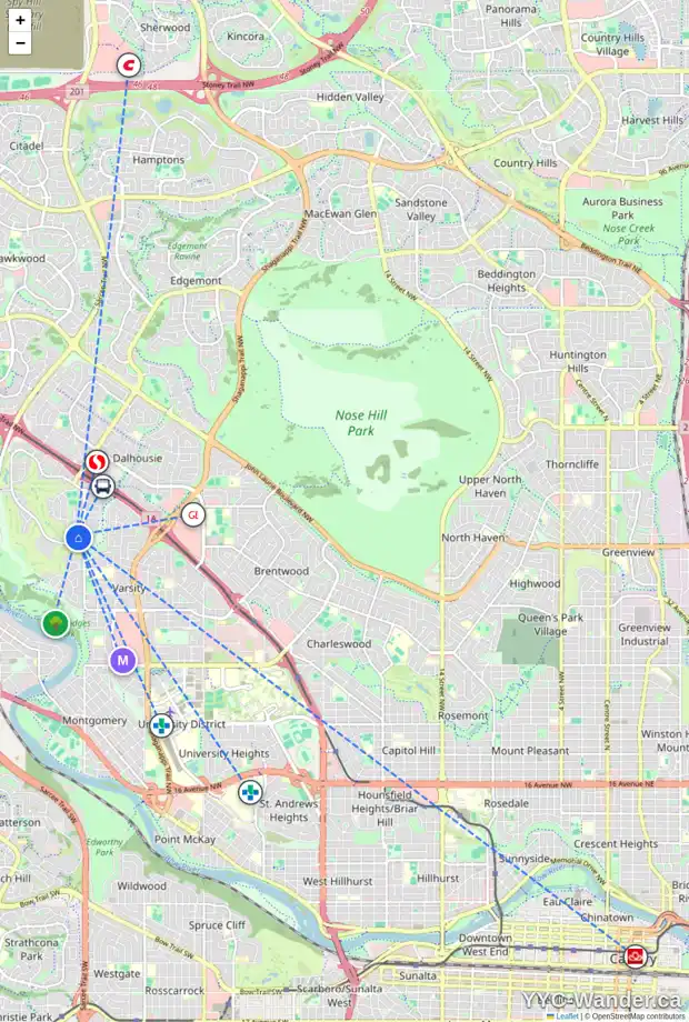 Daily accessibility map for 119 VARSITY ESTATES GV NW, Calgary showing nearby schools, grocery stores, parks, LRT stations and nearby amenities