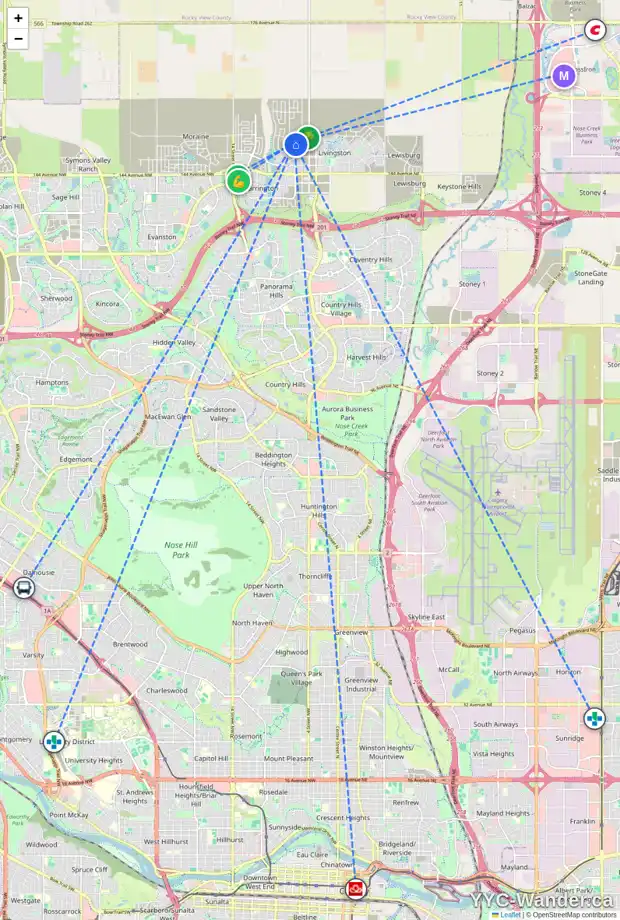 Daily accessibility map for 36 LUCAS RI NW, Calgary showing nearby schools, grocery stores, parks, LRT stations and nearby amenities