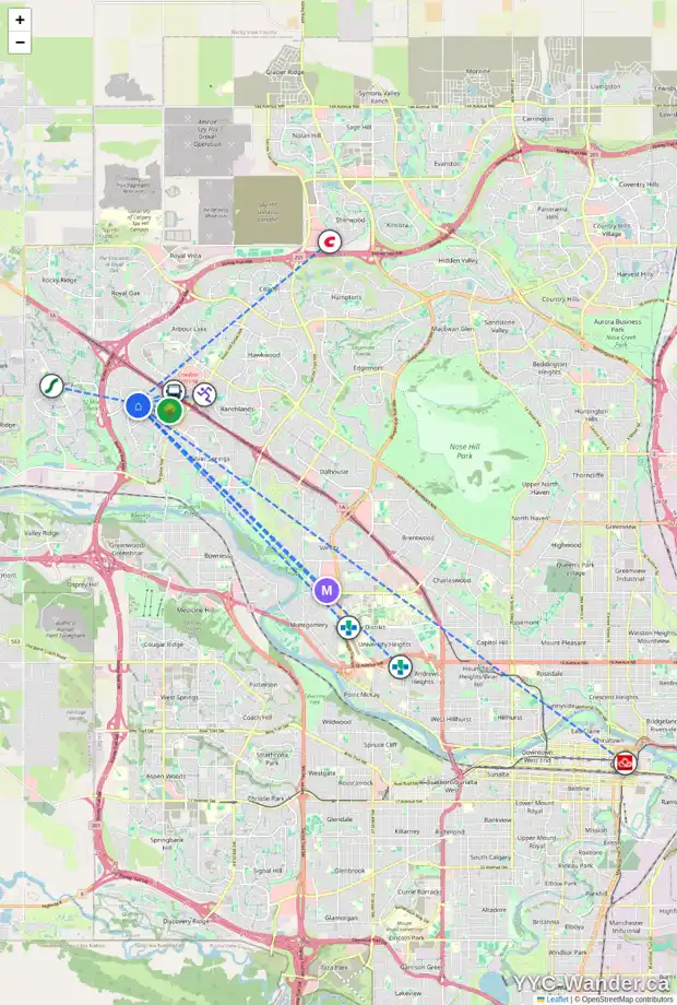 Daily accessibility map for 141 SCRIPPS LD NW, Calgary showing nearby schools, grocery stores, parks, LRT stations and nearby amenities
