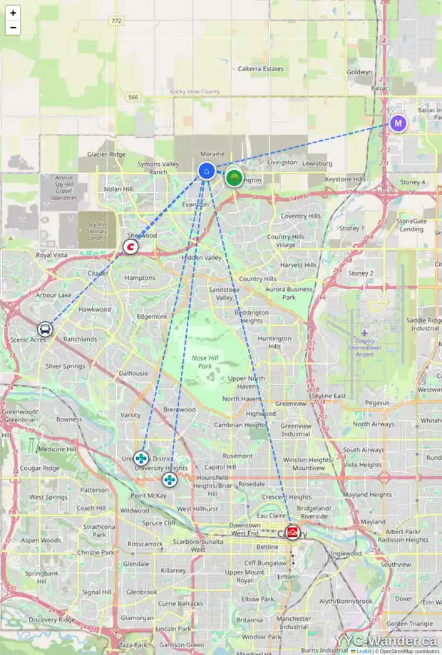 Daily accessibility map for 36 AMBLESIDE CR NW, Calgary showing nearby schools, grocery stores, parks, LRT stations and nearby amenities