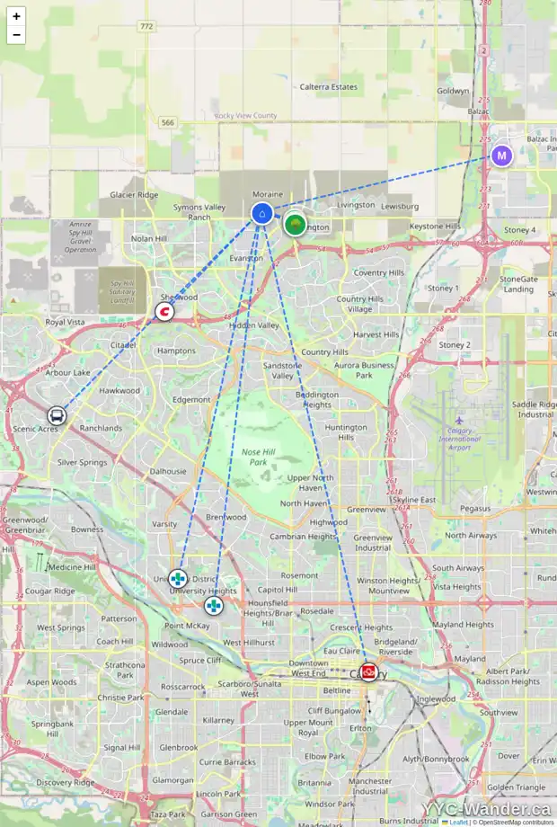 Daily accessibility map for 106 AMBLESIDE HE NW, Calgary showing nearby schools, grocery stores, parks, LRT stations and nearby amenities