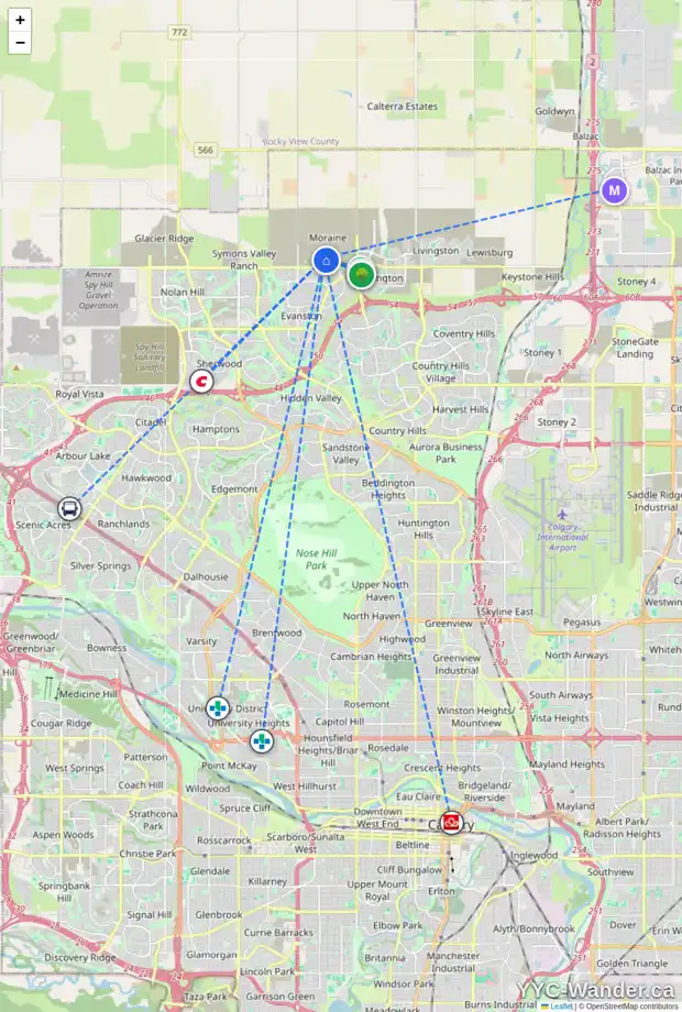 Daily accessibility map for 288 AMBLESIDE AV NW, Calgary showing nearby schools, grocery stores, parks, LRT stations and nearby amenities