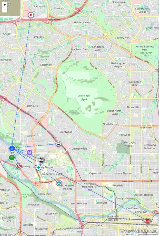 Daily accessibility map for 6044 BOW CR NW, Calgary showing nearby schools, grocery stores, parks, LRT stations and nearby amenities