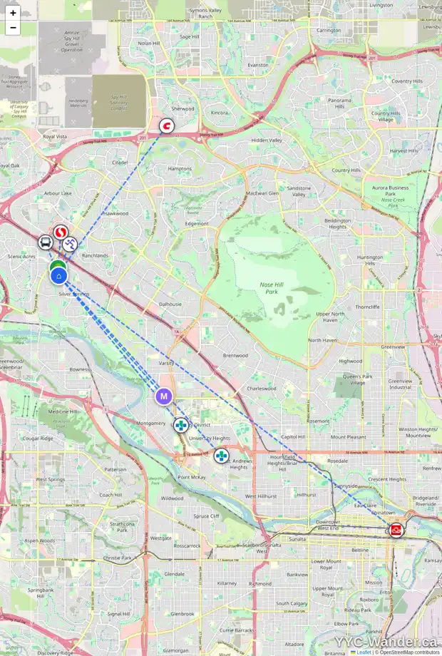 Daily accessibility map for 20 SILVERGROVE HL NW, Calgary showing nearby schools, grocery stores, parks, LRT stations and nearby amenities