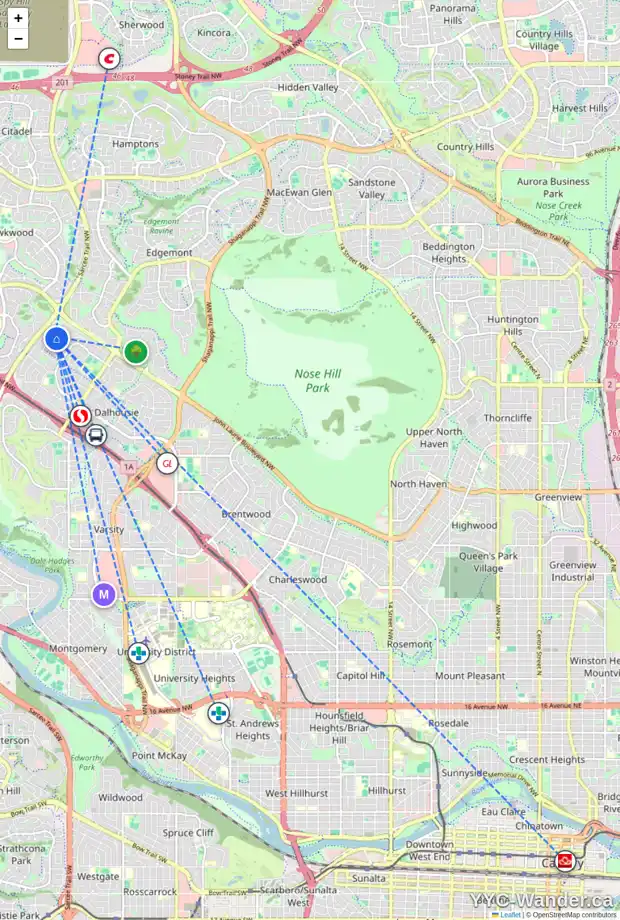 Daily accessibility map for 16 DALCASTLE PL NW, Calgary showing nearby schools, grocery stores, parks, LRT stations and nearby amenities