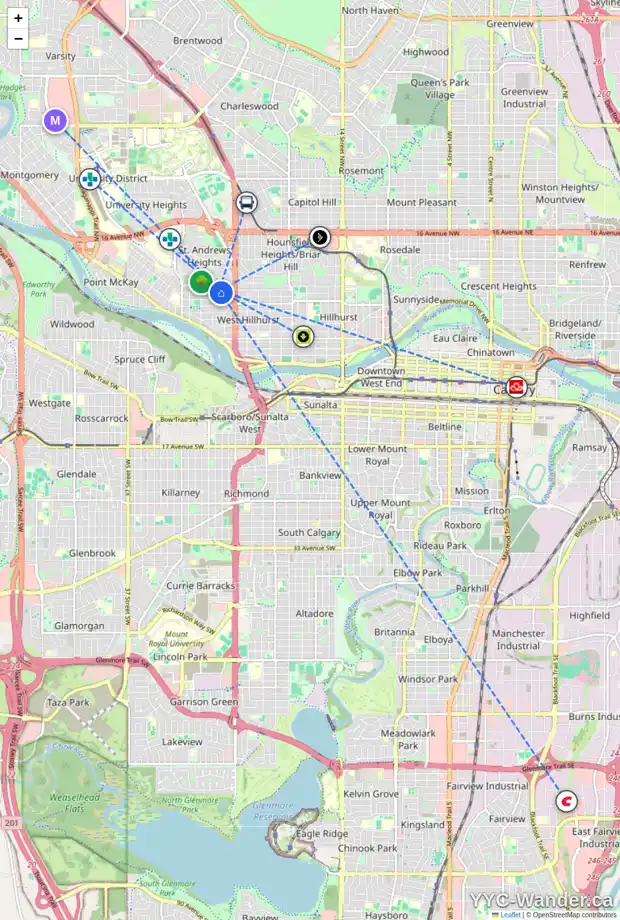 Daily accessibility map for 2618 7 AV NW, Calgary showing nearby schools, grocery stores, parks, LRT stations and nearby amenities