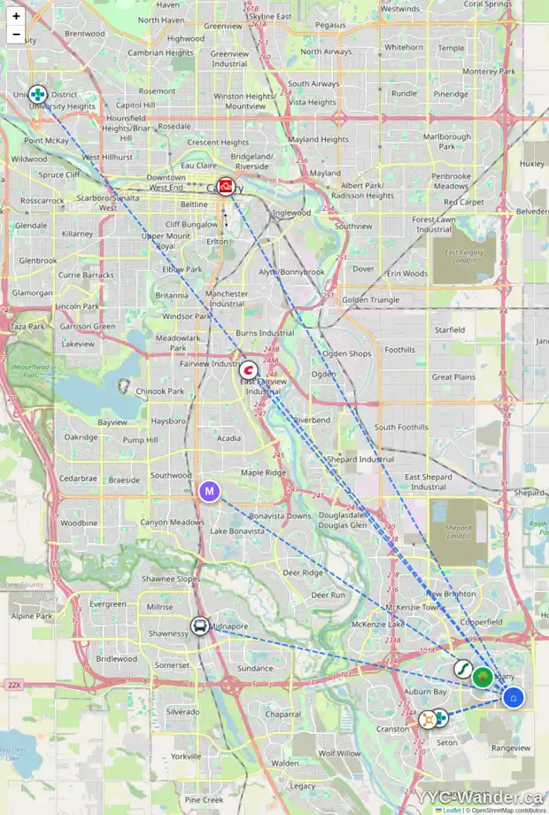 Daily accessibility map for 241 MAGNOLIA TC SE, Calgary showing nearby schools, grocery stores, parks, LRT stations and nearby amenities