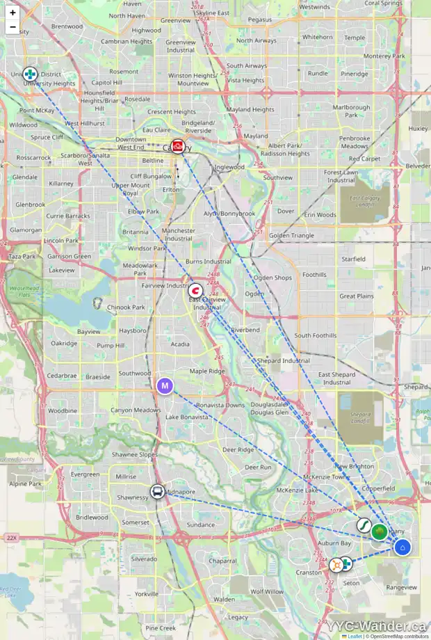 Daily accessibility map for 96 MAGNOLIA GD SE, Calgary showing nearby schools, grocery stores, parks, LRT stations and nearby amenities