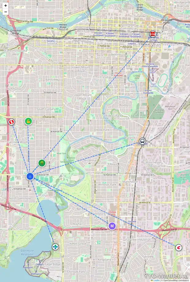 Daily accessibility map for 5104 20 ST SW, Calgary showing nearby schools, grocery stores, parks, LRT stations and nearby amenities
