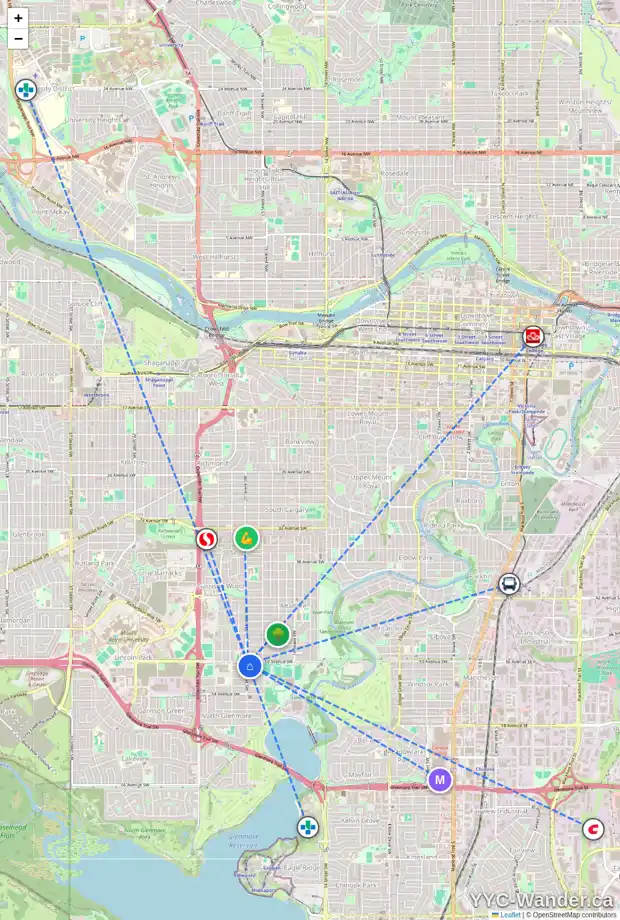 Daily accessibility map for 5110 20 ST SW, Calgary showing nearby schools, grocery stores, parks, LRT stations and nearby amenities