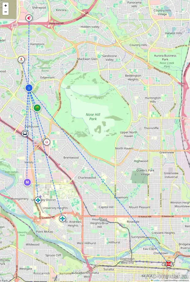 Daily accessibility map for 208 EDGEDALE DR NW, Calgary showing nearby schools, grocery stores, parks, LRT stations and nearby amenities