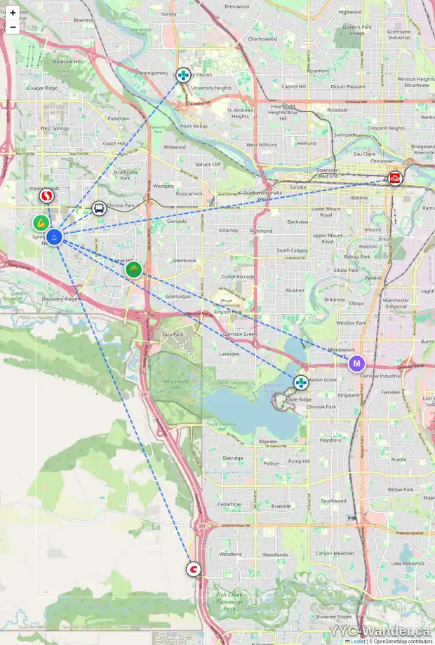 Daily accessibility map for 65 MYSTIC RIDGE WY SW, Calgary showing nearby schools, grocery stores, parks, LRT stations and nearby amenities