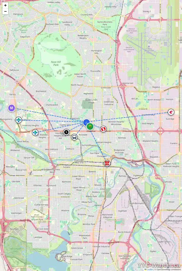 Daily accessibility map for 803 23 AV NW, Calgary showing nearby schools, grocery stores, parks, LRT stations and nearby amenities