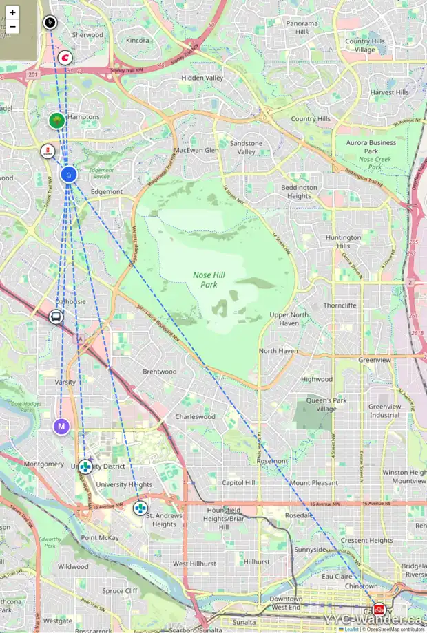 Daily accessibility map for 55 EDGEPARK RI NW, Calgary showing nearby schools, grocery stores, parks, LRT stations and nearby amenities