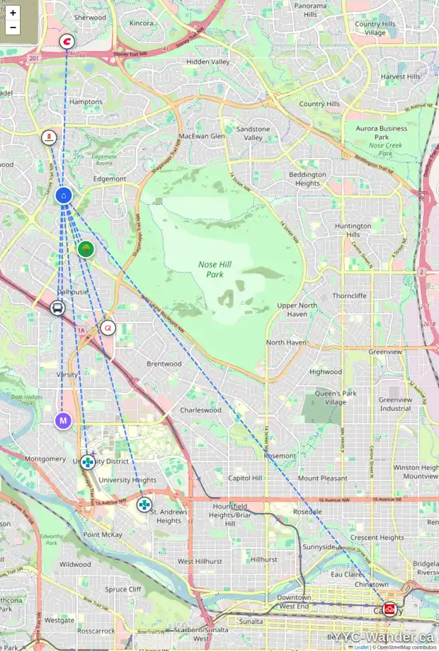 Daily accessibility map for 11 EDGELAND CO NW, Calgary showing nearby schools, grocery stores, parks, LRT stations and nearby amenities