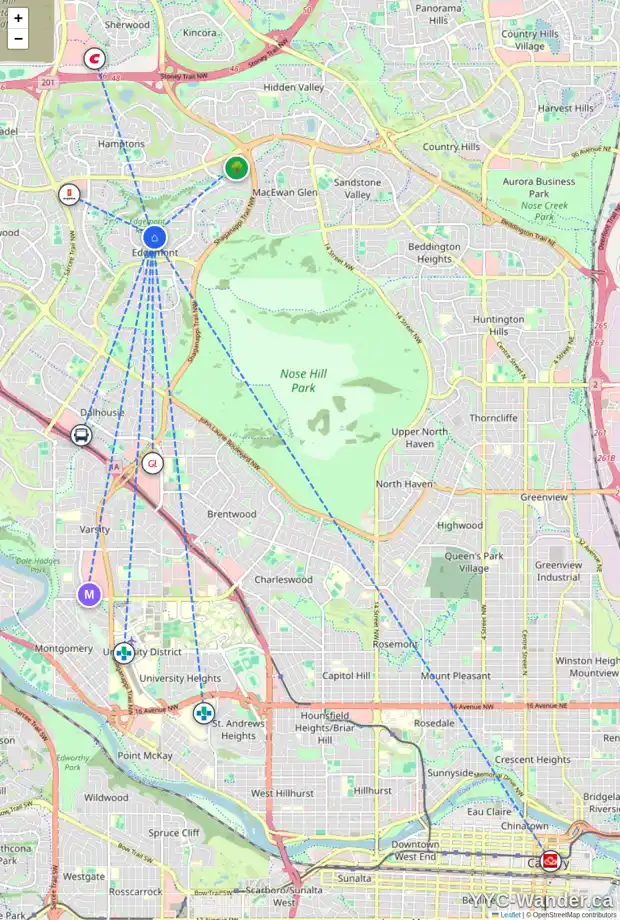 Daily accessibility map for 124 EDGEVALLEY CI NW, Calgary showing nearby schools, grocery stores, parks, LRT stations and nearby amenities