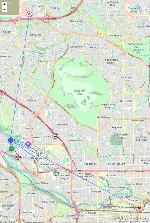 Daily accessibility map for 6056 BOW CR NW, Calgary showing nearby schools, grocery stores, parks, LRT stations and nearby amenities