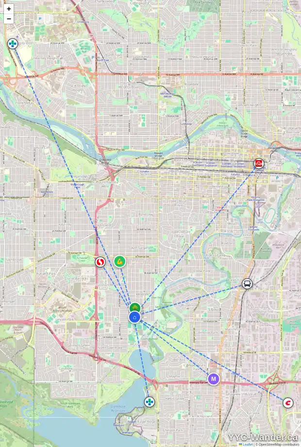 Daily accessibility map for 1908 49 AV SW, Calgary showing nearby schools, grocery stores, parks, LRT stations and nearby amenities