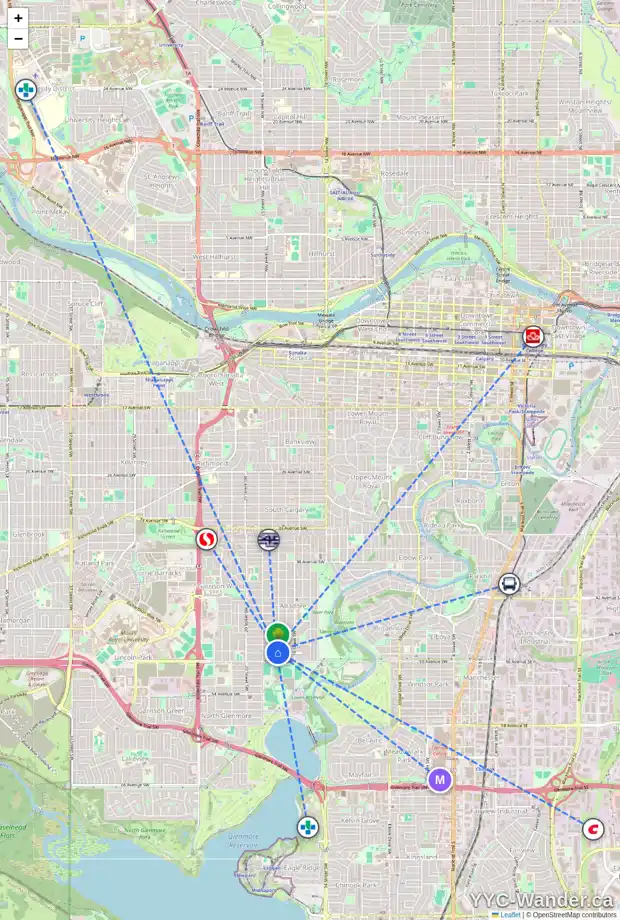 Daily accessibility map for 1906 49 AV SW, Calgary showing nearby schools, grocery stores, parks, LRT stations and nearby amenities