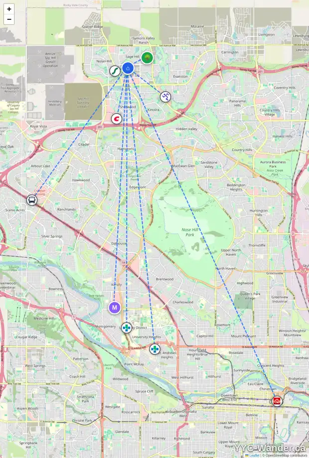 Daily accessibility map for 518 SAGE HILL RD NW, Calgary showing nearby schools, grocery stores, parks, LRT stations and nearby amenities