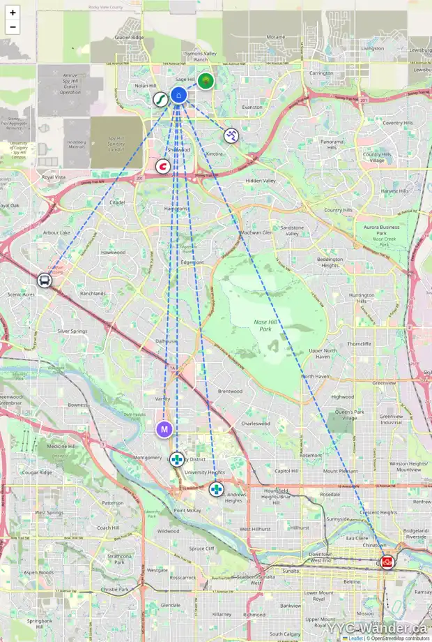 Daily accessibility map for 526 SAGE HILL RD NW, Calgary showing nearby schools, grocery stores, parks, LRT stations and nearby amenities