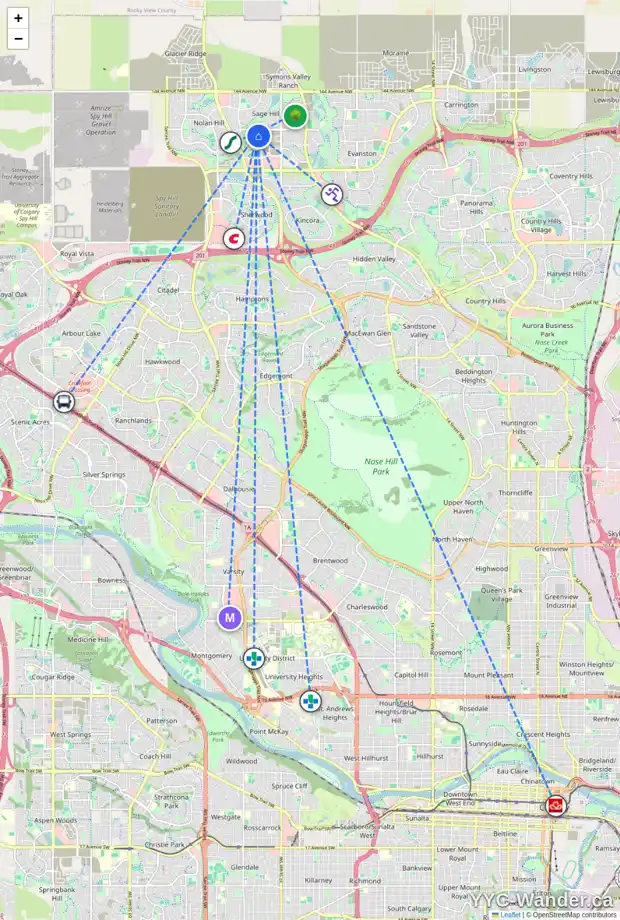 Daily accessibility map for 128 SAGE HILL CR NW, Calgary showing nearby schools, grocery stores, parks, LRT stations and nearby amenities