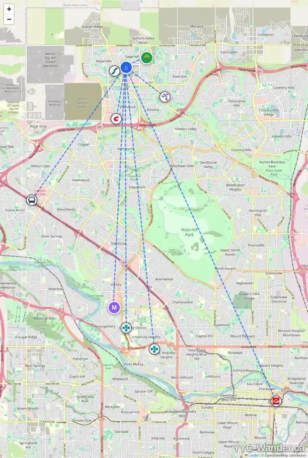 Daily accessibility map for 537 SAGE HILL RD NW, Calgary showing nearby schools, grocery stores, parks, LRT stations and nearby amenities