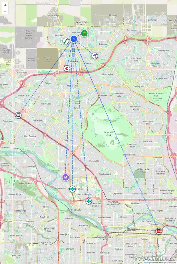 Daily accessibility map for 124 SAGE HILL CR NW, Calgary showing nearby schools, grocery stores, parks, LRT stations and nearby amenities