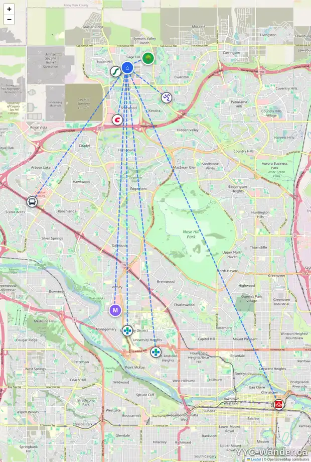Daily accessibility map for 545 SAGE HILL RD NW, Calgary showing nearby schools, grocery stores, parks, LRT stations and nearby amenities