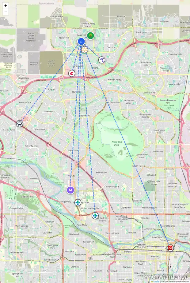 Daily accessibility map for 36 SAGE HILL CR NW, Calgary showing nearby schools, grocery stores, parks, LRT stations and nearby amenities