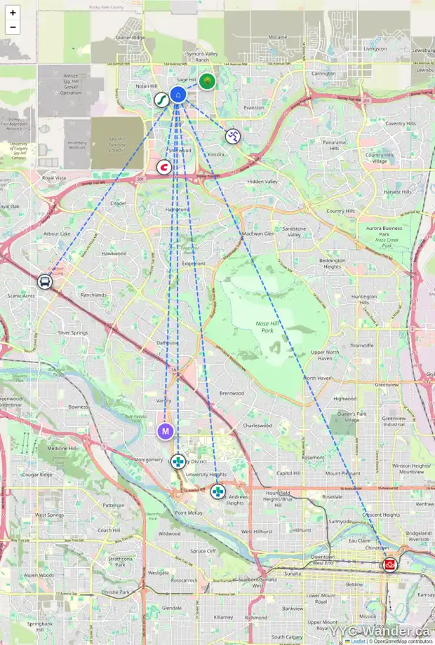 Daily accessibility map for 549 SAGE HILL RD NW, Calgary showing nearby schools, grocery stores, parks, LRT stations and nearby amenities