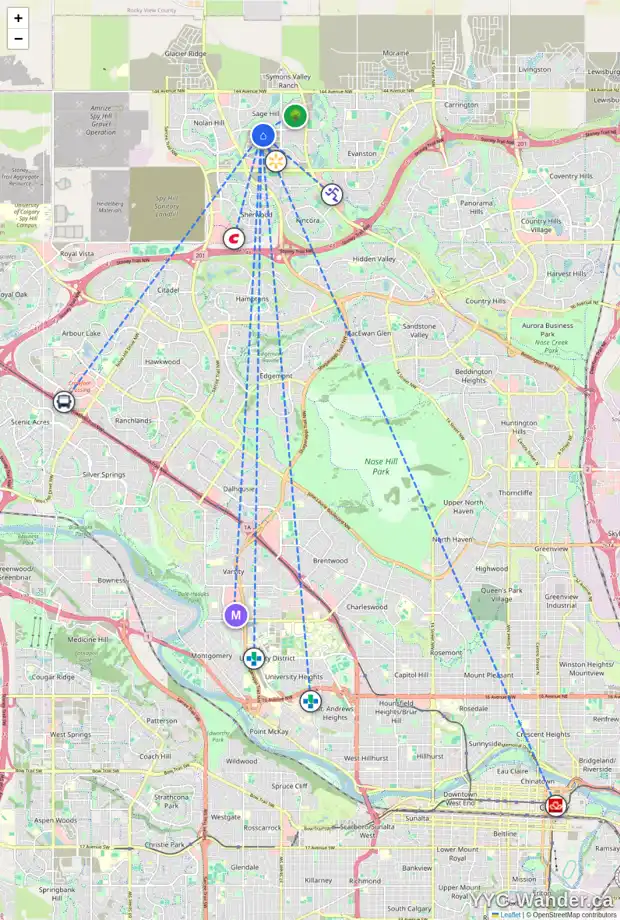 Daily accessibility map for 65 SAGE HILL CR NW, Calgary showing nearby schools, grocery stores, parks, LRT stations and nearby amenities