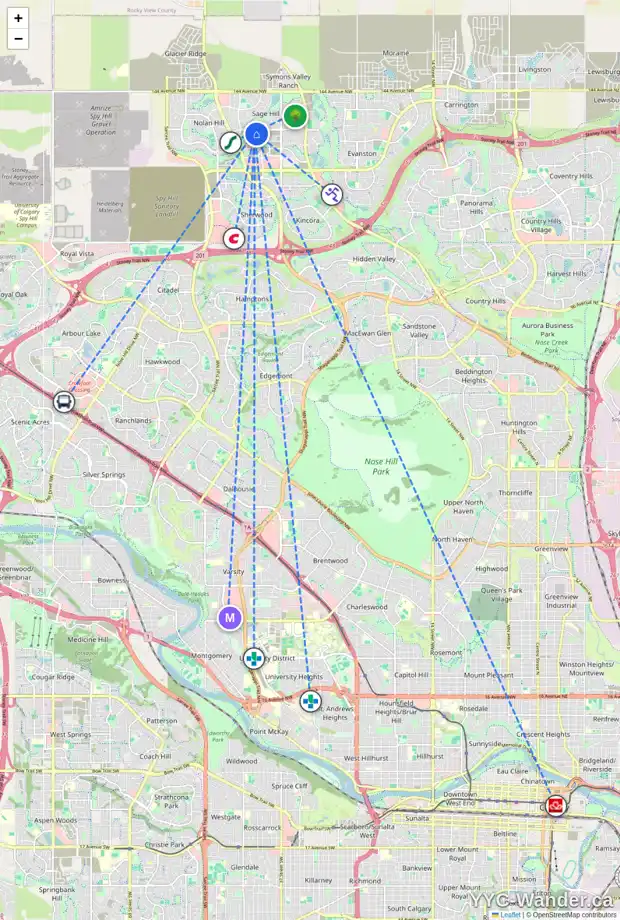 Daily accessibility map for 554 SAGE HILL RD NW, Calgary showing nearby schools, grocery stores, parks, LRT stations and nearby amenities
