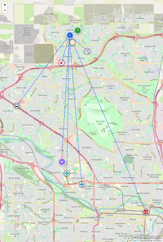 Daily accessibility map for 44 SAGE HILL CR NW, Calgary showing nearby schools, grocery stores, parks, LRT stations and nearby amenities