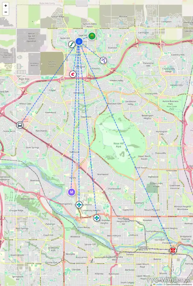 Daily accessibility map for 569 SAGE HILL RD NW, Calgary showing nearby schools, grocery stores, parks, LRT stations and nearby amenities