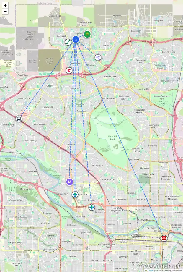 Daily accessibility map for 570 SAGE HILL RD NW, Calgary showing nearby schools, grocery stores, parks, LRT stations and nearby amenities