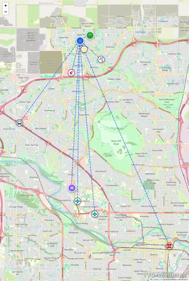 Daily accessibility map for 68 SAGE HILL CR NW, Calgary showing nearby schools, grocery stores, parks, LRT stations and nearby amenities