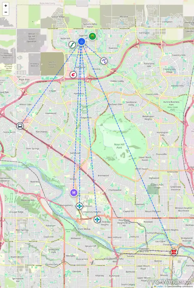 Daily accessibility map for 88 SAGE HILL CR NW, Calgary showing nearby schools, grocery stores, parks, LRT stations and nearby amenities