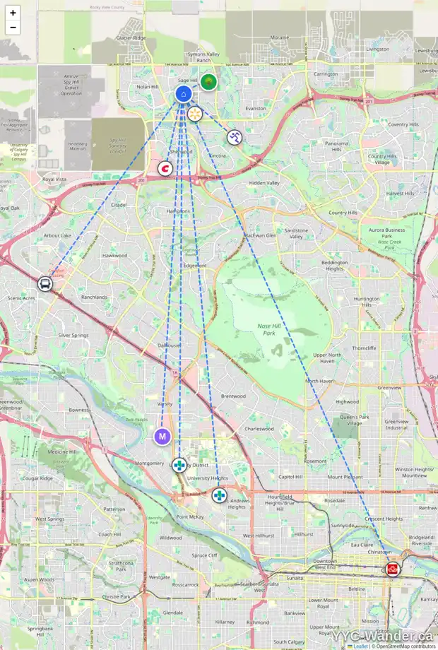 Daily accessibility map for 92 SAGE HILL CR NW, Calgary showing nearby schools, grocery stores, parks, LRT stations and nearby amenities