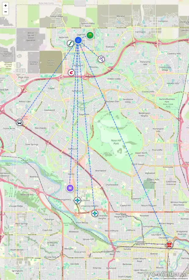 Daily accessibility map for 582 SAGE HILL RD NW, Calgary showing nearby schools, grocery stores, parks, LRT stations and nearby amenities