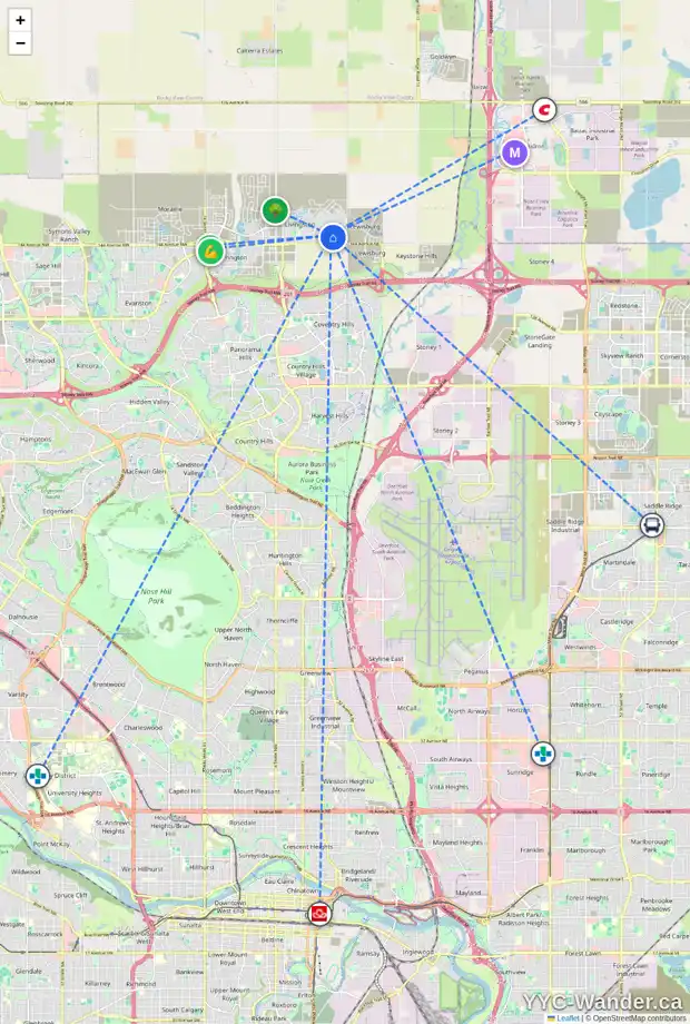 Daily accessibility map for 8 CALHOUN CM NE, Calgary showing nearby schools, grocery stores, parks, LRT stations and nearby amenities