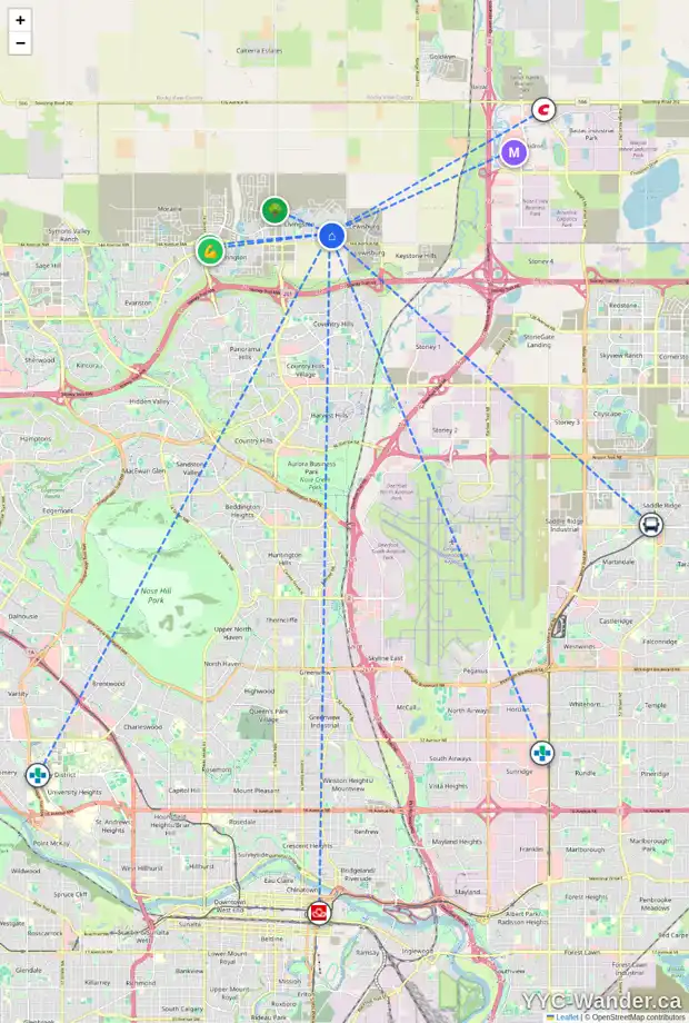 Daily accessibility map for 639 LIVINGSTON WY NE, Calgary showing nearby schools, grocery stores, parks, LRT stations and nearby amenities