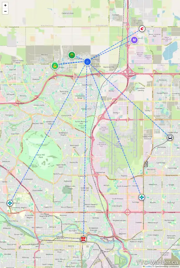 Daily accessibility map for 36 CALHOUN CM NE, Calgary showing nearby schools, grocery stores, parks, LRT stations and nearby amenities